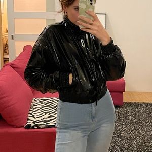 Cropped black and holographic puffer jacket